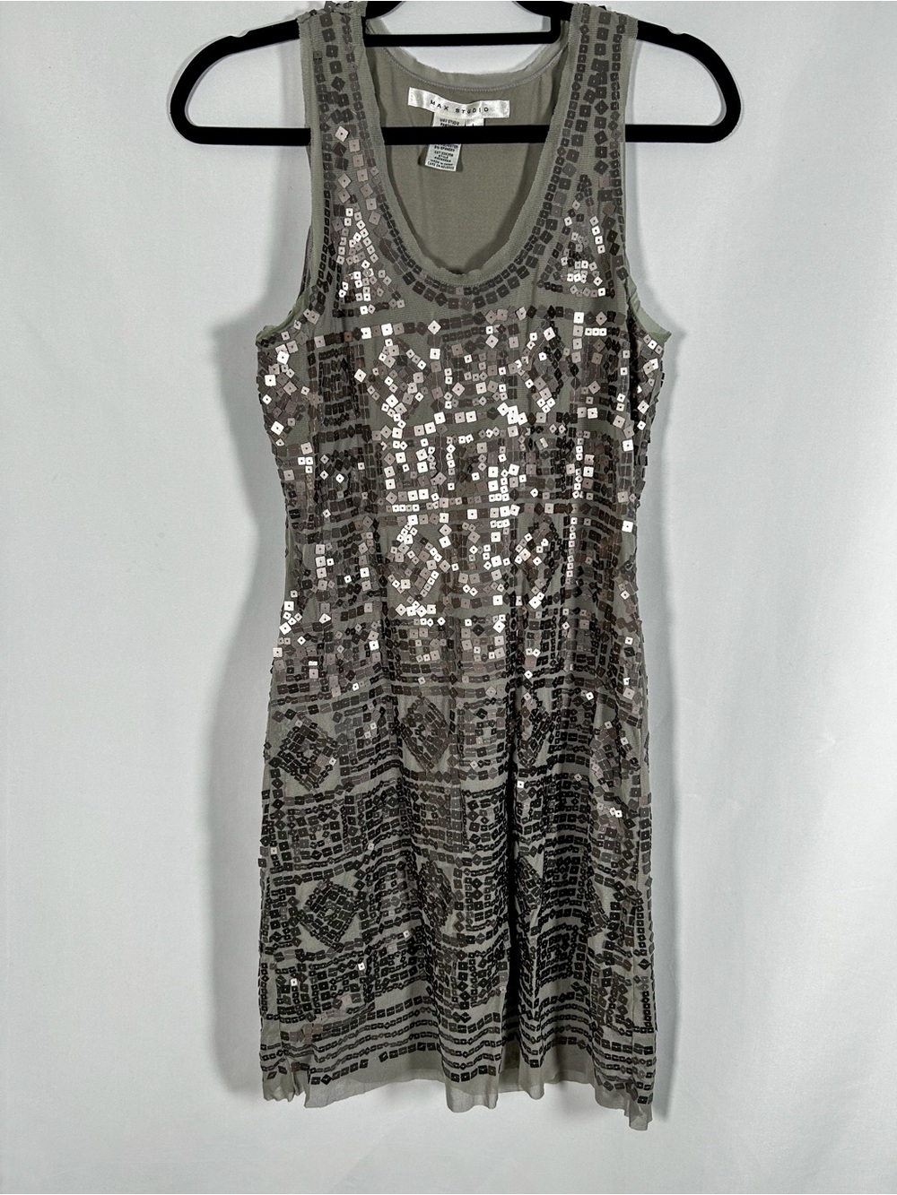 Max Studio Sequin Cocktail Dress Taupe Art Deco Sleeveless Dress